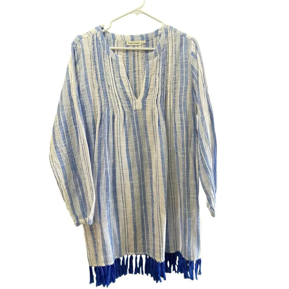 Roller Rabbit Blue White V-neckline Long Sleeves Cover Up Dress Size Medium